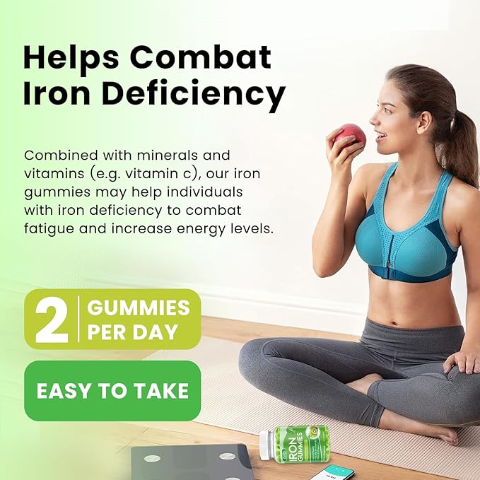 Iron Gummies with Multivitamin, Iron Supplement for Women & Men with Zinc, Vitamin B Complex & C, B12, Folate - Blood Builder & Energy Support for Adults & Kids - Green Apple & Kiwi Filled Gummies