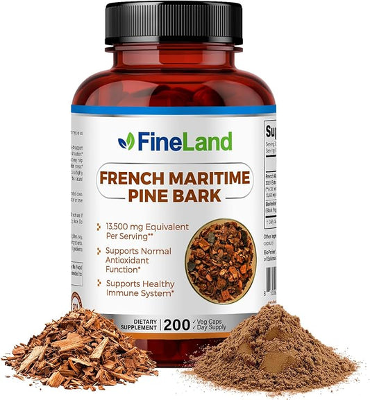 FineLand French Maritime Pine Bark 30:1 Extract Max Strength, 450 mg Per Capsule, Antioxidant, 200 Veggie Caps of Pine Bark Supplement for 200 Days, 100% Natural