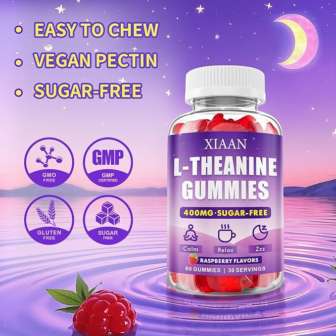 L-Theanine Gummies for Kids & Adults, L'Theanine 400mg Chewable L Theanine Supplement for Calm, Zzz & Relaxation Support, Vegan, Organic, Raspberry Flavor, 120 Counts
