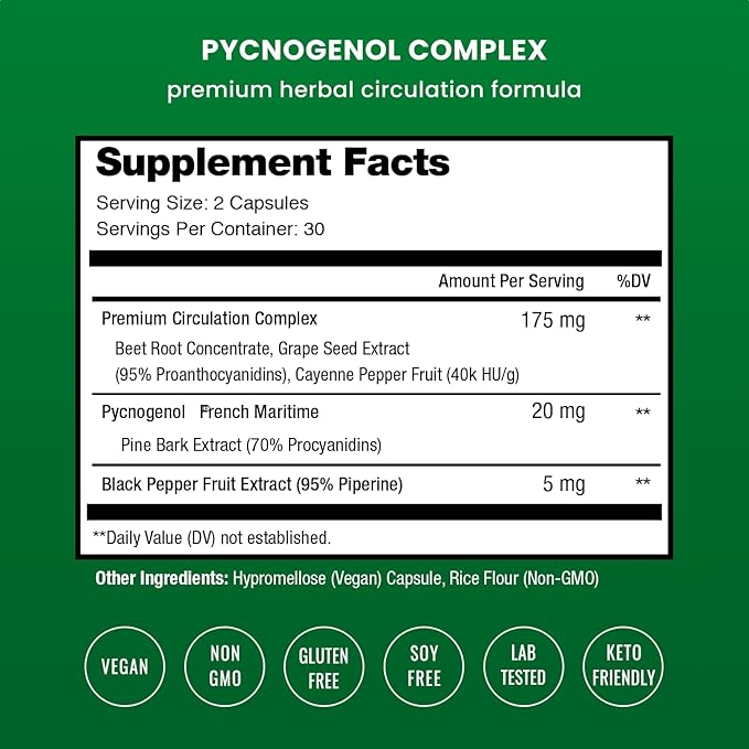 NutraChamps Pycnogenol French Maritime Pine Bark Extract, Premium Circulation Complex, Blood Flow, Nitric Oxide Production, Superior Absorption, Results with Black Pepper Extract, 60 Capsules