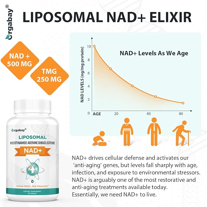 Orgabay Liposomal NAD+ Supplement 500 mg, High Absorption, Boost NAD+ with TMG 250 mg, Actual NAD Plus More Efficient Than Nicotinamide Riboside, Support Cellular Energy, Healthy Aging | 120 Softgels