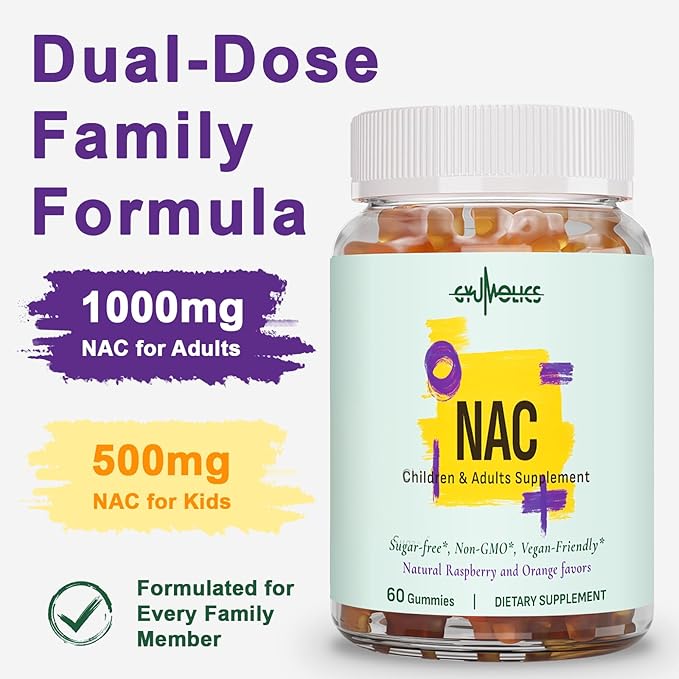 NAC Supplement 1000mg for Adults & 500mg for Kids, N-Acetyl Cysteine Ethyl Ester Gummies, Synergistic Antioxidant, Vegan, Sugar-Free 60 Gummies