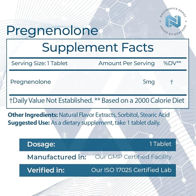 Nootropics Depot Pregnenolone Quick Dissolve Tablets | 5mg | Micronized | Mood, Cognition, & Hormone Support | 120 Count