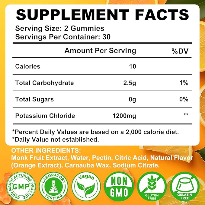 2 Pack Potassium Gummies, Potassium Chloride 1200mg for Adults, Sugar-Free Potassium Supplement Gummies Support Electrolyte Balance & Leg Cramps for Women & Men, Orange Flavor, Vegan, 120 Count
