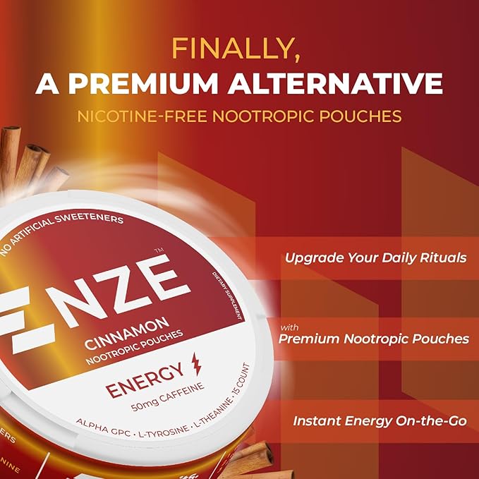 NZE Caffeine Nootropic Pouches (Cinnamon) - Energy Pouches with 50mg Caffeine, Alpha GPC, L-Tyrosine & L-Theanine with No Sugar or Artificial Sweeteners - 15 Nicotine Free Pouches Per Can - 5 Pack