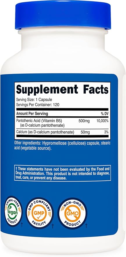 Nutricost Pantothenic Acid (Vitamin B5) 500mg, 120 Capsules