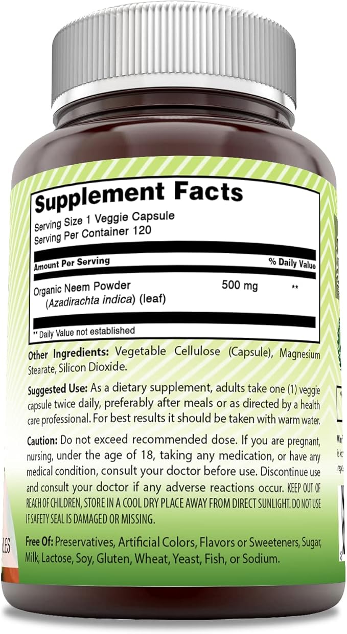 Amazing India Neem (Made with Natural Neem Leaf) Supplement | 500 Mg | 120 Veggie Capsules | Non-GMO | Gluten-Free | Made in USA