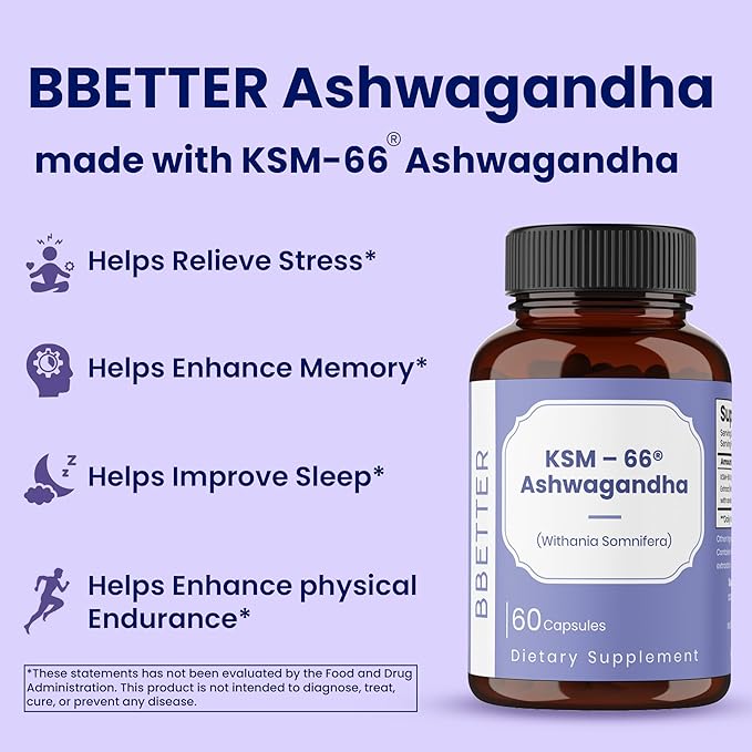 BBETTER Ashwagandha KSM-66 Capsules 500mg | Lab Tested Herbal Supplement for Stress Relief |Pure Organic Ashwagandha Powder | Supports Mental & Physical Well-Being Mood Enhancer | 60 Veg Capsules