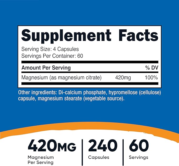 Nutricost Magnesium Citrate 420mg, 240 Veggie Capsules - 60 Servings, Gluten Free, Non-GMO, Vegetarian Friendly