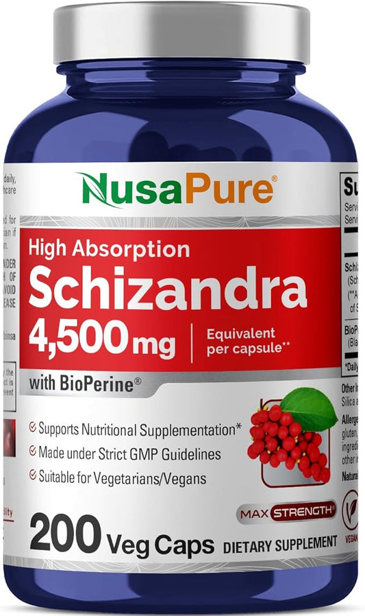 NusaPure Schizandra Berries 20:1 Extract, 225 mg Equivalent to 4500mg, 200 Vegan Capsules (Non-GMO, Bioperine)