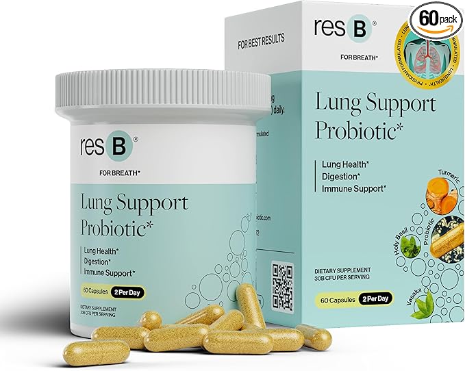 resB Lung Support Probiotic Supplement - Lung Health Supplement for Smokers, Gut Health, Immune & Digestive Support, Respiratory Care, Holy Basil & Turmeric, Clinically Trialed - 60 Capsules