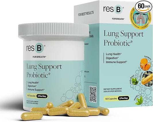 resB Lung Support Probiotic Supplement - Lung Health Supplement for Smokers, Gut Health, Immune & Digestive Support, Respiratory Care, Holy Basil & Turmeric, Clinically Trialed - 60 Capsules