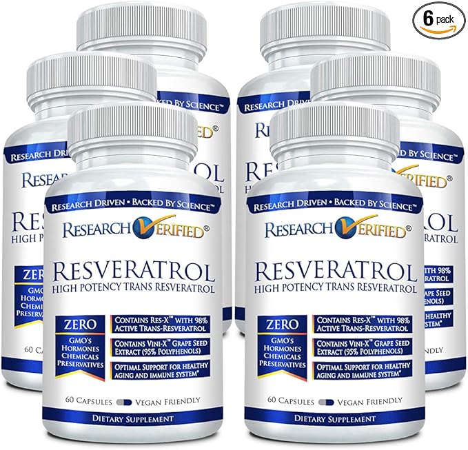 Research Verified Resveratrol - 98% Trans-Resveratrol 1000 mg, Anti-Aging Support - 60 Capsules per Bottle - 6 Bottles