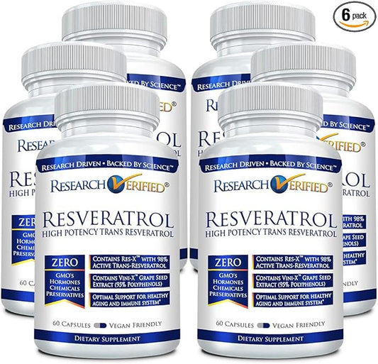 Research Verified Resveratrol - 98% Trans-Resveratrol 1000 mg, Anti-Aging Support - 60 Capsules per Bottle - 6 Bottles