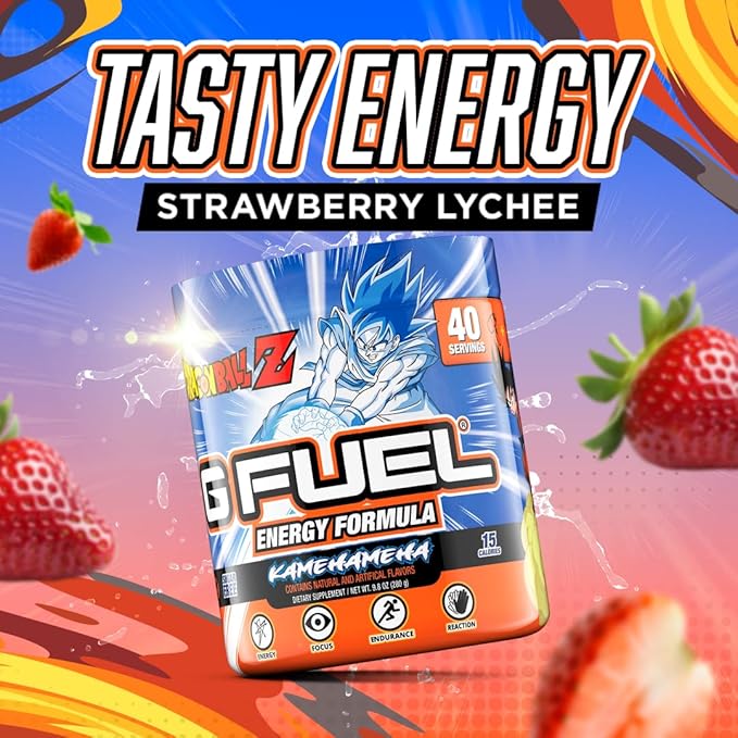 G Fuel Dragon Ball Z Energy Drink Powder, Pre Workout Caffeine Mix for Gaming, Sugar Free Focus Amino, Vitamin + Antioxidants, 9.8oz (Strawberry Lychee, 40 Servings)