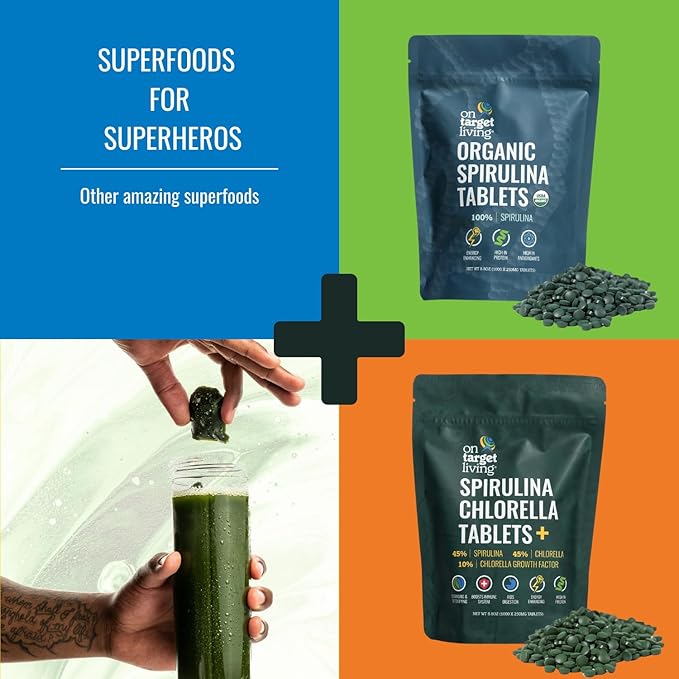 On Target Living Organic Spirulina Chlorella | Supergreens | USDA Organic | 1000 Tablets- 250 G (8.8 oz) | Vegan | Immune Support | Alkalyzing | Nutrient Dense | Protein Dense