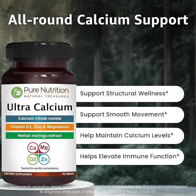 Pure Nutrition Ultra Calcium 1000mg with VIT D3 + K2 | 180 Tabs (90 X Pack of 2) | Highly absorbable Calcium Supplement with Calcium Citrate Malate, VIT D3, K2, Moringa Oleifera, Magnesium and Zinc.