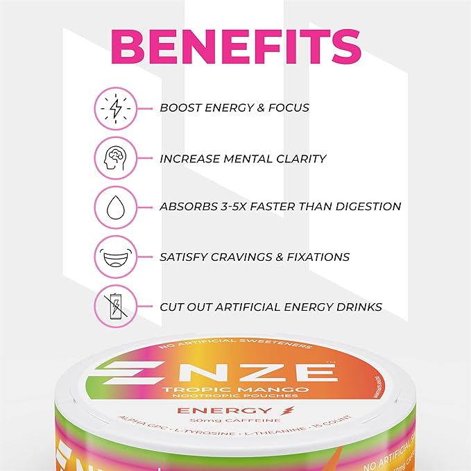 NZE Caffeine Nootropic Pouches (Tropic Mango) - Energy Pouches with 50mg Caffeine, Alpha GPC, L-Tyrosine & L-Theanine - No Sugar or Artificial Sweeteners - 15 Nicotine Free Pouches Per Can - 5 Pack