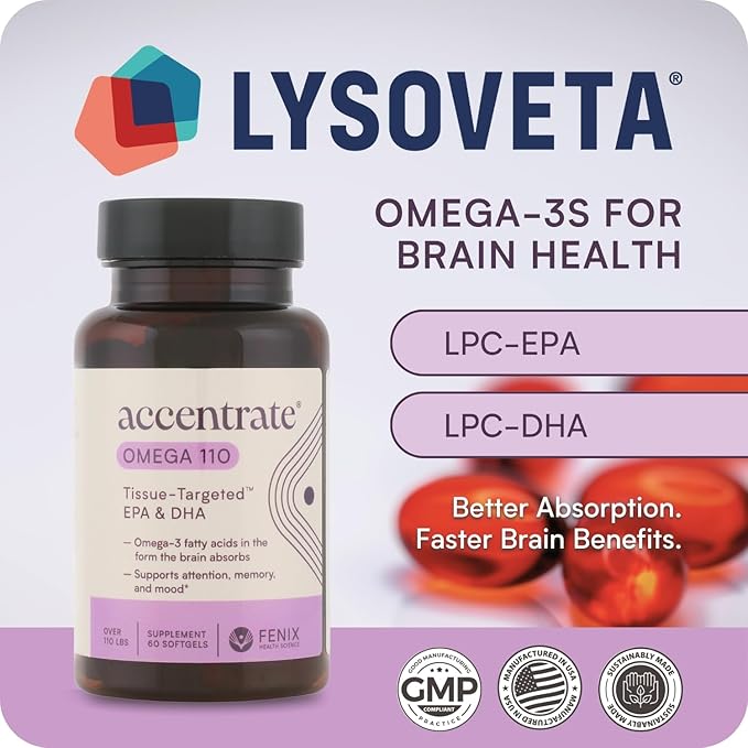 Omega 110 w/LYSOVETA LPC | EPA & DHA Supplements for Brain & Retina Health | Focus, Attention, Memory, Mood & Vision | 6X Higher Absorption Than Fish Oil | High Potency Omega-3 LPC-DHA