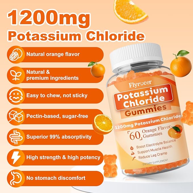 2 Pack Potassium Gummies, Potassium Chloride 1200mg for Adults, Sugar-Free Potassium Supplement Gummies Support Electrolyte Balance & Leg Cramps for Women & Men, Orange Flavor, Vegan, 120 Count