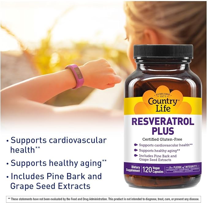 Country Life Resveratrol Plus 1000mg - Organic Antioxidant Supplement with Pine Bark & Grape Seed Extracts - Vegan, Gluten-Free, Non-GMO