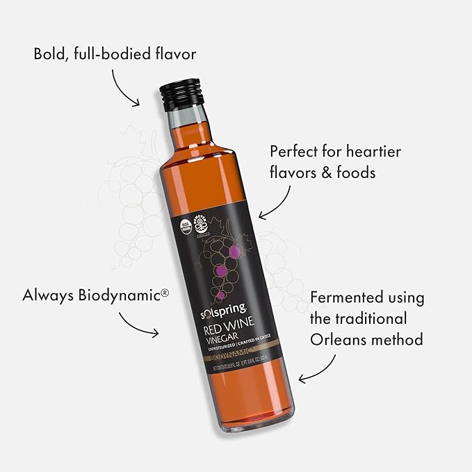 Solspring Biodynamic Red Wine Vinegar, 16.9 Fl. Oz. (500 mL), Unpasteurized, Crafted In Greece, Certified USDA Organic, Regenerative, Vegan, Gluten Free, Soy Free, Dr. Mercola