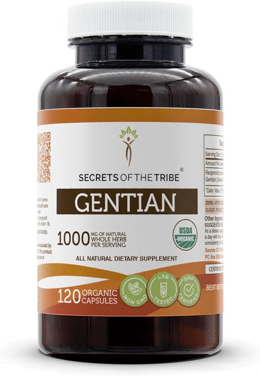 Secrets of the Tribe Gentian USDA Organic Capsules | Certified Organic Vegetarian Capsules, Herbal Dietary Supplement | Gentiana Lutea Dried Root (120 Count)