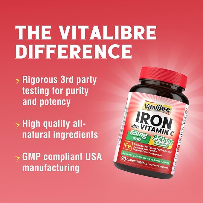 Iron Supplement, 65mg Carbonyl Iron with 250mg Vitamin C, Stomach Friendly Iron Pills for Blood Building Women & Men, High Absorption, No Nausea, No Constipation, Non-GMO, No Gluten, 60 Vegan Tabs