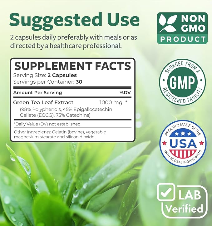 EGCG Green Tea Extract Capsules - Super High Potency Green Tea Pills Antioxidant Rich Formula Packed with Polyphenols Catechins & EGCG - 500mg Per Capsule - Non-GMO & Made in the USA (1 Month Supply)
