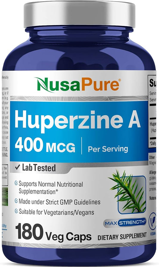 NusaPure Huperzine A 400mcg 180 Veggie Capsules (Vegetarian, Non-GMO, Vegan)