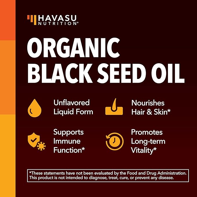 Organic Black Seed Oil Cold Pressed Liquid - Black Cumin Supplement for Immune System Function, Digestive Support, Hair Nourishment & Overall Health - 8 Fl Oz - Unflavored, Non-GMO, Vegan