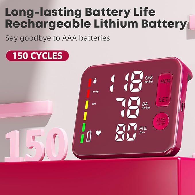 Blood Pressure Monitor Upper Arm Blood Pressure Monitors for Home Use Large Screen Rechargeable Bp Machine with 8.7"-16.5" Bp Cuff, 2x120 Memory, Voice Broadcast Bp Monitor(Red)