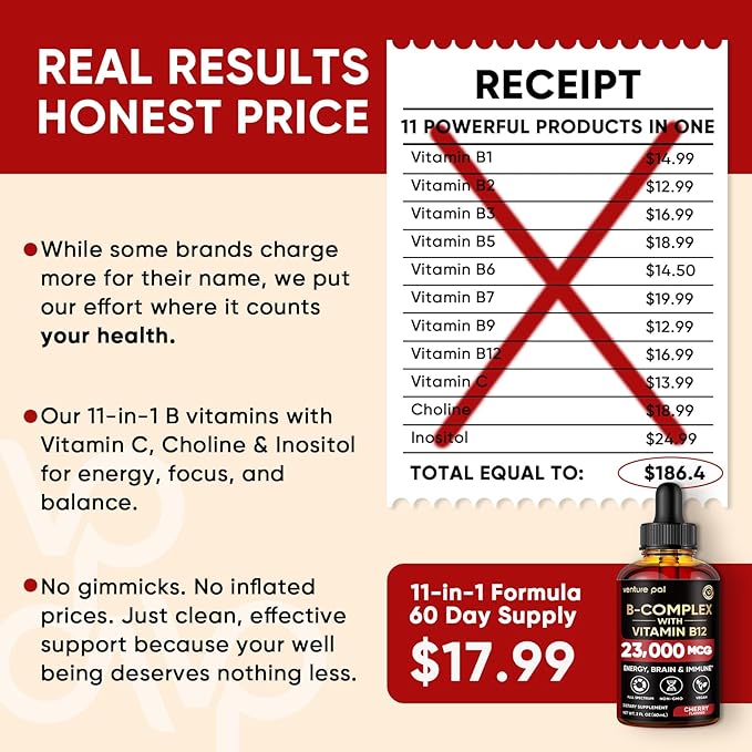 Venture Pal 11-in-1 Vitamin B Complex Liquid Drops, B12 Methylcobalamin | B9 Folic | B1,B2,B3,B5,B6,B7 - Vitamin C, Choline, Inositol, Immune & Energy Metabolism, Brain & Heart Support