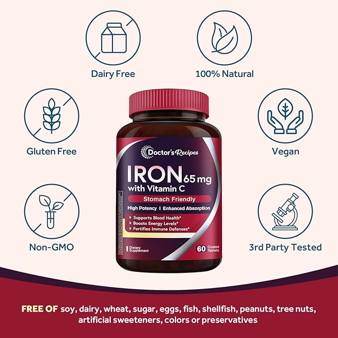 Doctor's Recipes Iron Supplement 65 mg with Vitamin C - Maximized Absorption & Stomach Friendly Iron Pills for Red Blood Cells Formation, Heart, Brain & Immunity Health - Vegan 120 Tabs (Pack of 2)