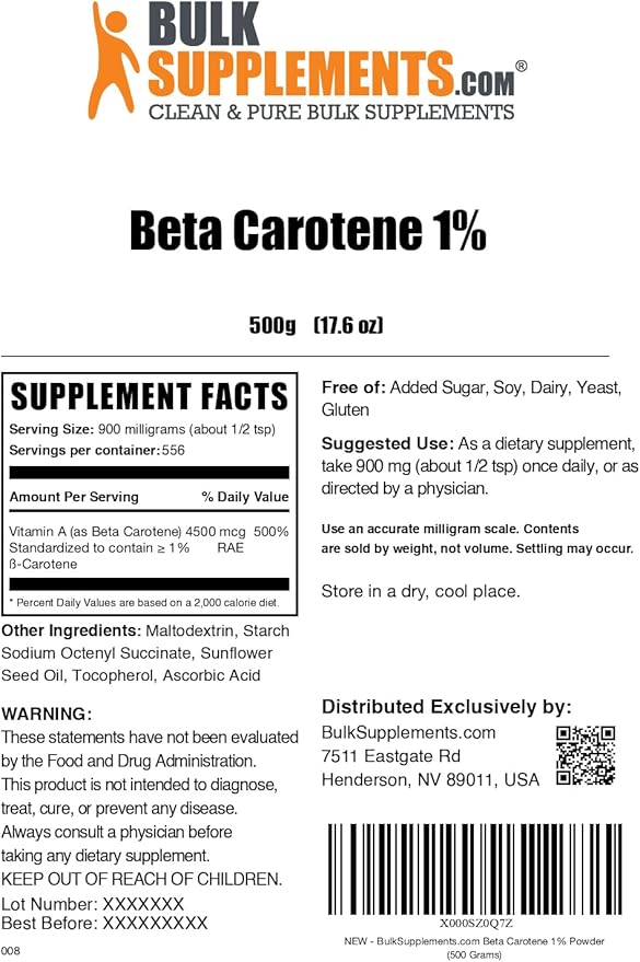 BulkSupplements.com Beta Carotene Powder - Vitamin A Supplements, Beta Carotene Supplements - for Vision & Eye Support, Gluten Free, 900mg per Serving, 500g (1.1 lbs) (Pack of 1)