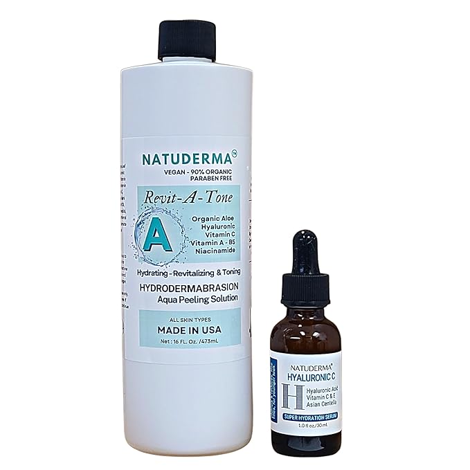 Hydrodermabrasion Solutions | Revitalizing Antioxidant Serum for Hydro Dermabrasion Machine and Oxygen Facial, Revita-A-Tone, 16 oz | and Hyaluronic Acid Serum with Vitamin C, 1oz, by Natuderma
