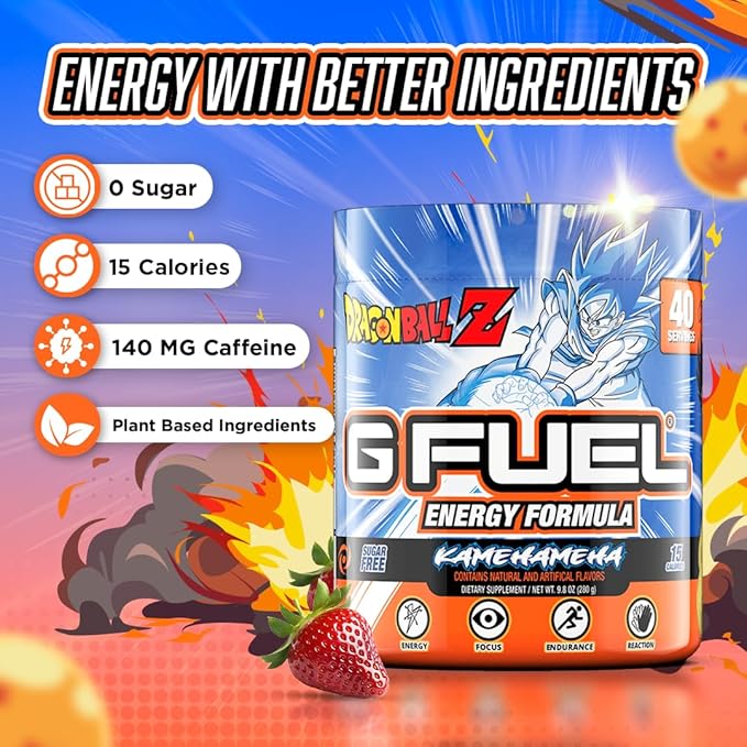G Fuel Dragon Ball Z Energy Drink Powder, Pre Workout Caffeine Mix for Gaming, Sugar Free Focus Amino, Vitamin + Antioxidants, 9.8oz (Strawberry Lychee, 40 Servings)