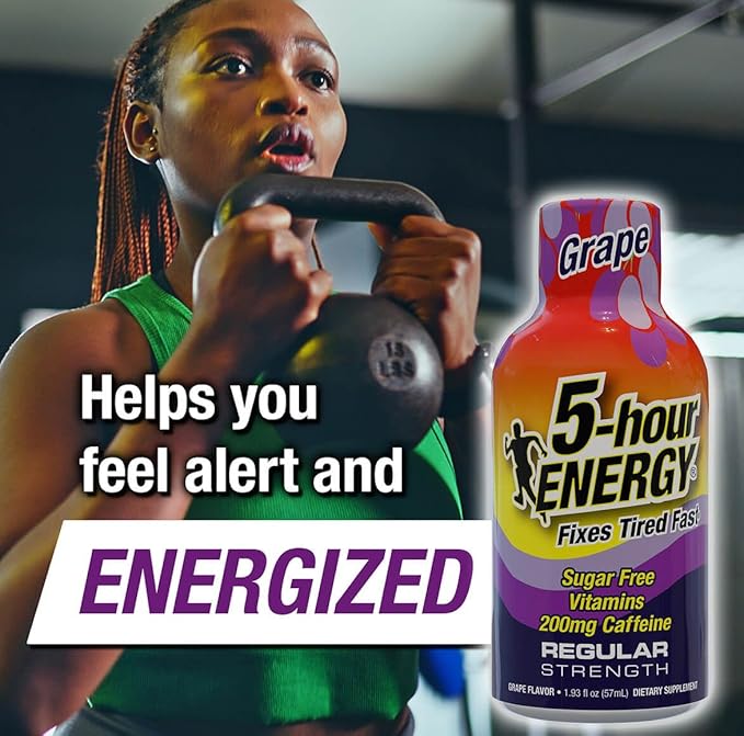 5-hour ENERGY Shots Regular Strength, Grape Flavor, 1.93 oz. 30 Count, Sugar Free, Zero Calories, Amino Acids and Essential B Vitamins, Dietary Supplement, Feel Alert and Energized, 200mg Caffeine