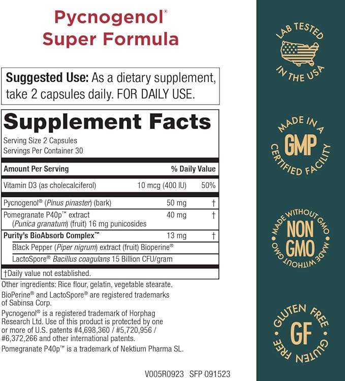 Pycnogenol Super Formula- Activated Pycnogenol Pomegranate P40p- 60 Capsules