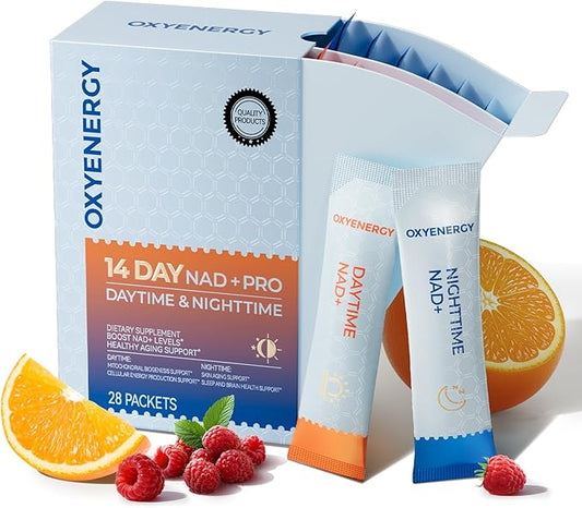 OxyEnergy NAD Supplement 1550 mg-Daytime Nicotinamide Riboside + Nighttime L-Tryptophan with Resveratrol, Glutathione, PQQ–24-Hour Uninterrupted for Energy, Anti-Aging & Cell Renewal,28 Packets