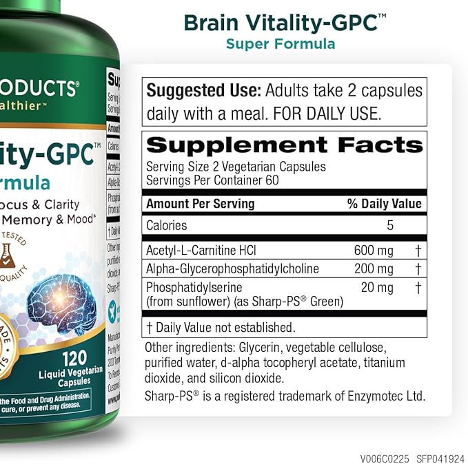 Purity Products Brain Vitality-GPC Super Formula Acetyl L-Carnitine HCI + Alpha GPC + Phosphatidlyserine - Supports Normal Concentration and Mental Clarity - 120 Caps