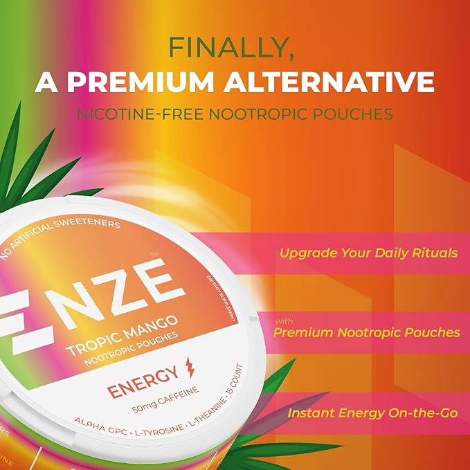 NZE Caffeine Nootropic Pouches (Tropic Mango) - Energy Pouches with 50mg Caffeine, Alpha GPC, L-Tyrosine & L-Theanine - No Sugar or Artificial Sweeteners - 15 Nicotine Free Pouches Per Can - 5 Pack