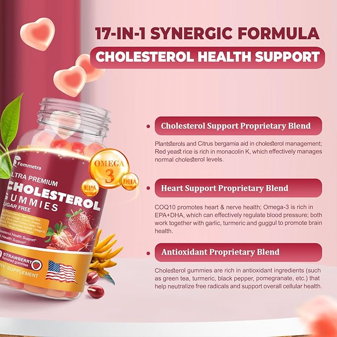 Cholesterol Supplements with Plant Sterols, Red Yeast Rice & COQ10 etc, 17-in-1 Cholesterol Complex Gummies for Heart & Cholesterol Health, Energy Support, Non-GMO, Strawbreey Flavor, 60 Gummies.