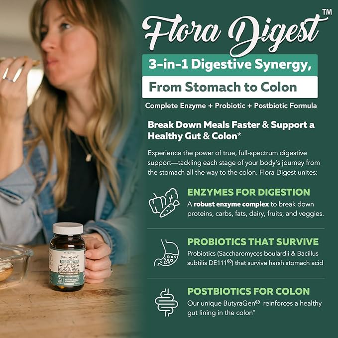 Flora Digest - 3-in-1 Max Strength Digestive Enzymes + Gut Surviving Probiotics & ButyraGen® Postbiotic for Optimal Digestion, Bloating Relief, Regularity, Gut Lining & Colon Support - (60 Capsules)