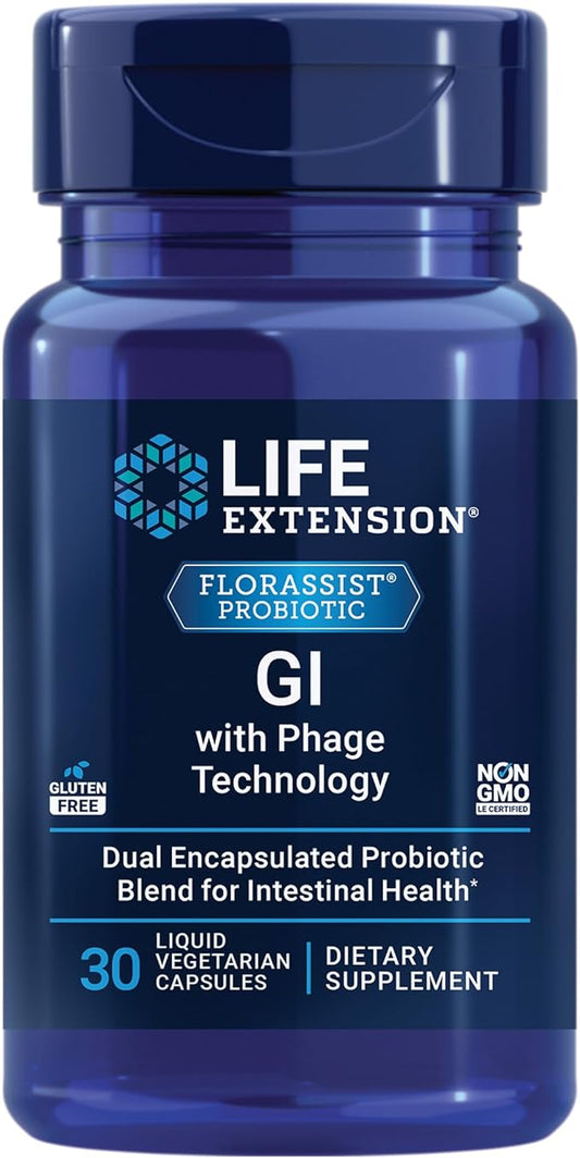 Life Extension FLORASSIST GI with Phage Technology, digestive health, probiotic support, nutrient absorption, 7 probiotic strains, bacteriophage blend, 30 liquid vegetarian capsules