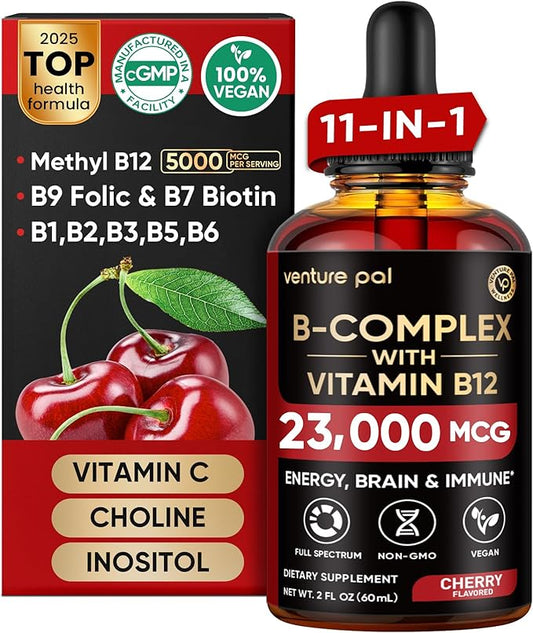Venture Pal 11-in-1 Vitamin B Complex Liquid Drops, B12 Methylcobalamin | B9 Folic | B1,B2,B3,B5,B6,B7 - Vitamin C, Choline, Inositol, Immune & Energy Metabolism, Brain & Heart Support