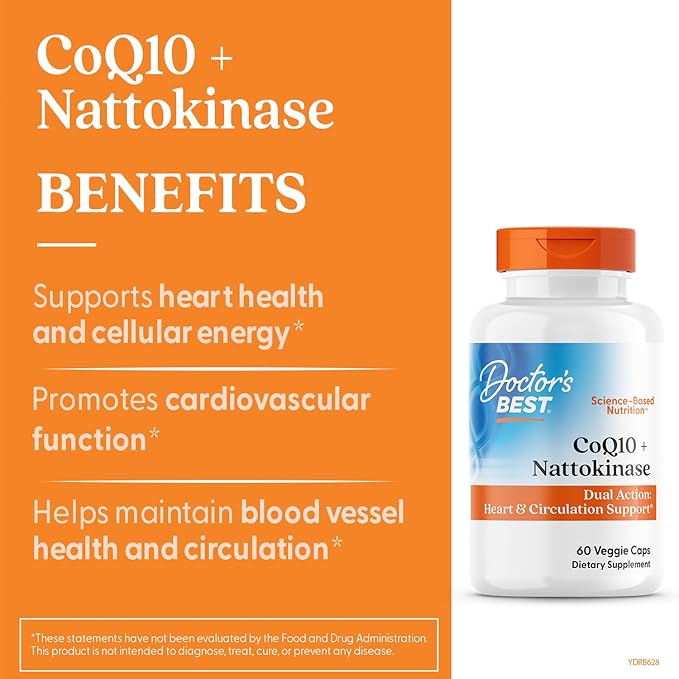 Doctor’s Best CoQ10 100 mg + Nattokinase 2,000FU, Supports Heart & Circulation Support, Non-GMO, Gluten Free, Vegan, 60 Veggie Caps
