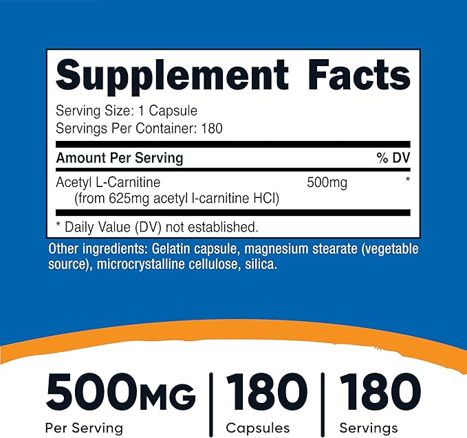 Nutricost Acetyl L-Carnitine (ALCAR) 500mg, 180 Capsules, 180 Servings - Non-GMO and Gluten Free, 1 Capsule per Serving