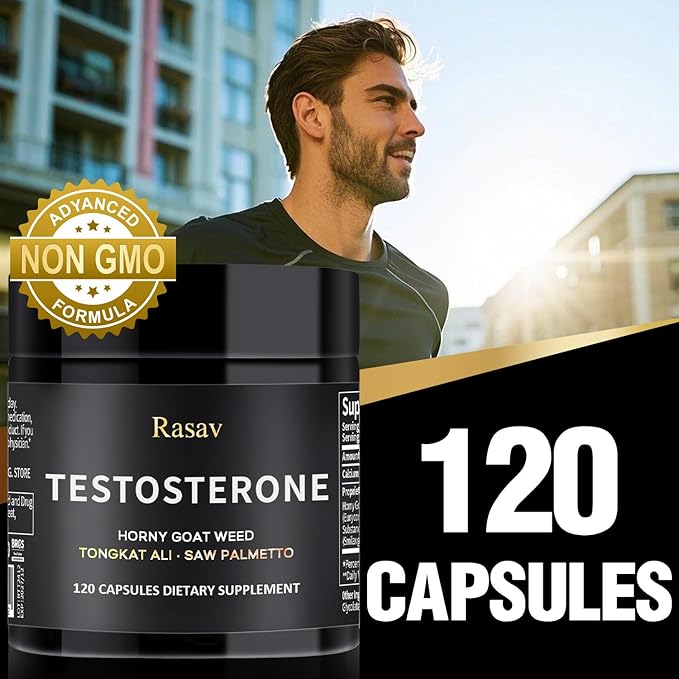 Rasav Horny Goat Weed and Tongkat Ali Supplement for Men, Testosterone Booster Supplement for Men, Male Enhancing Supplements, Supports Muscle Growth, Strength, Energy and Stamina, 120 Capsules