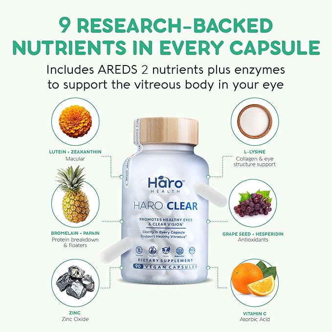 HARO Clear AREDS 2 Eye Vitamins with Lutein and Zeaxanthin for Dry Eyes, Screen Strain & Degeneration, Advanced Macular Support and Vision Supplements for Adults & Seniors, 90 Vegan Capsules